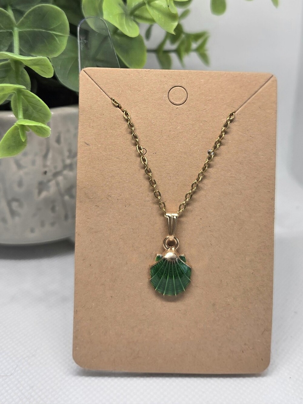 Gold-Tone Necklace with Green Shell Pendant